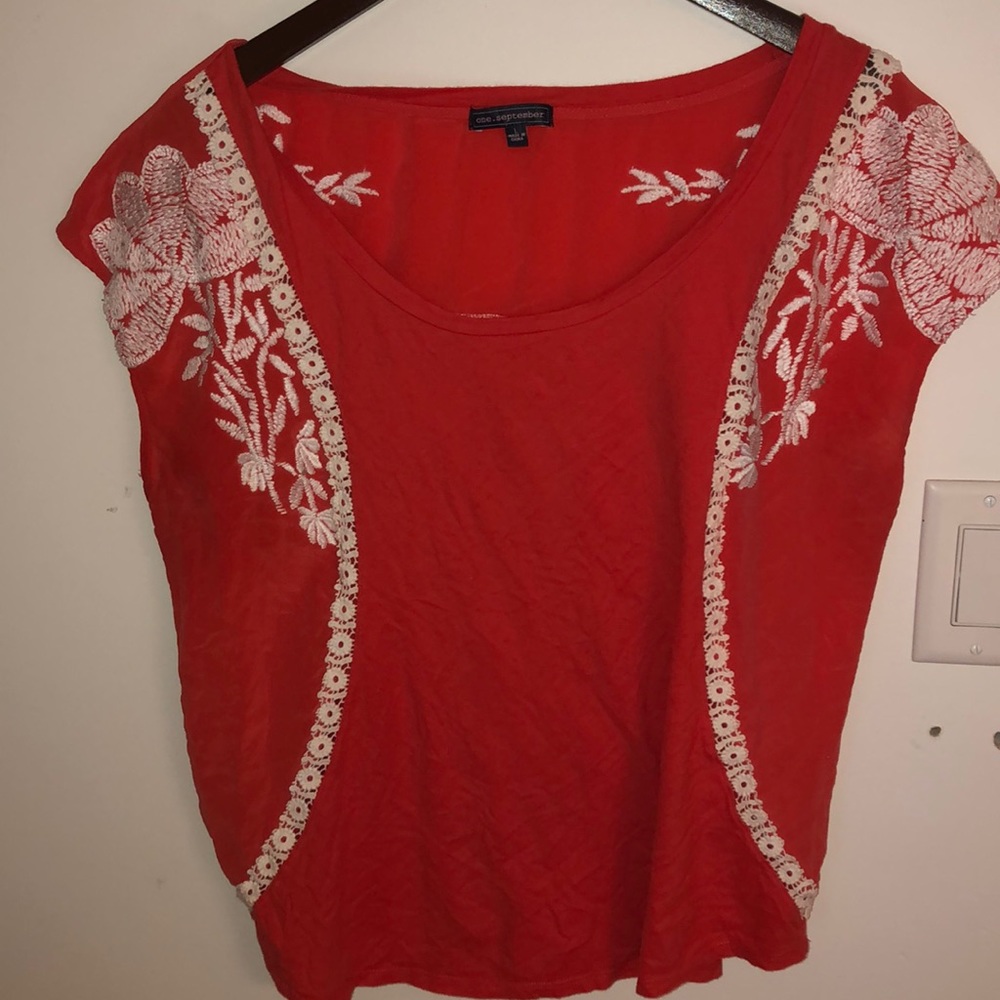 Coral Embroidered Tee from Anthropoligie  Size L